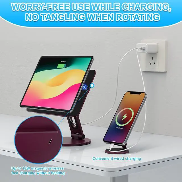 Alt view image 4 of 5 - 2-in-1 Magnetic Wireless Charging Stand for iPad Pro/Air 11" M2 M3 with MagSafe Phone Stand for iPhone 17-12, Multi-angle Adjustable Foldable Aluminum Desk Stand Combo for Work, Kitchen, Drawing