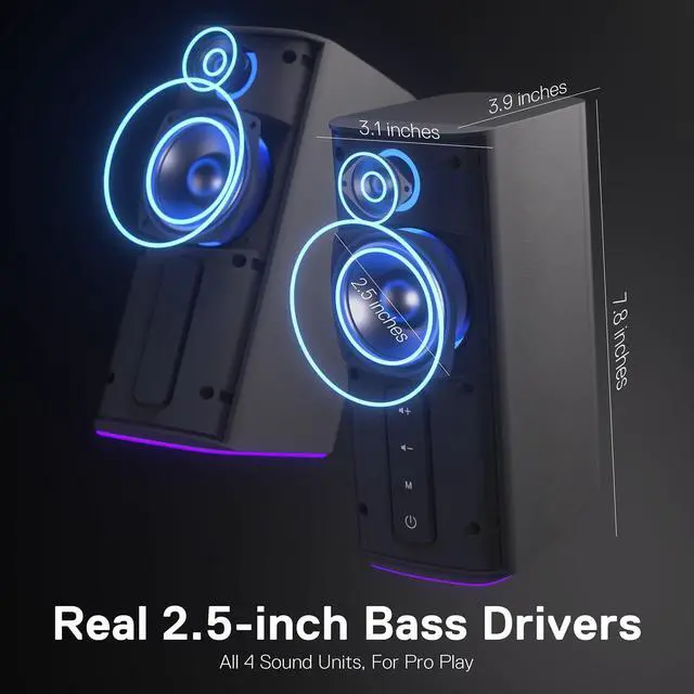Alt view image 4 of 5 - Redragon GS814 Stereo Desktop Speaker, 20W Output, 4 Real Units, BT 5.0/3.5mm AUX, Enhanced Bass, Touch-Control, Dynamic RGB Lighting