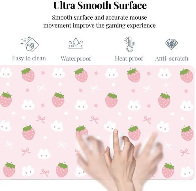 Alt view image 4 of 5 - Idocolors Pink Strawberry Desk Mat, Cute Extended Gaming Keyboard Mouse Pad, Large Office Desk Cover Mat Pad Deskmat, Non-Slip Leather Home Office Desk Mat Protector 31.5"×15.7"