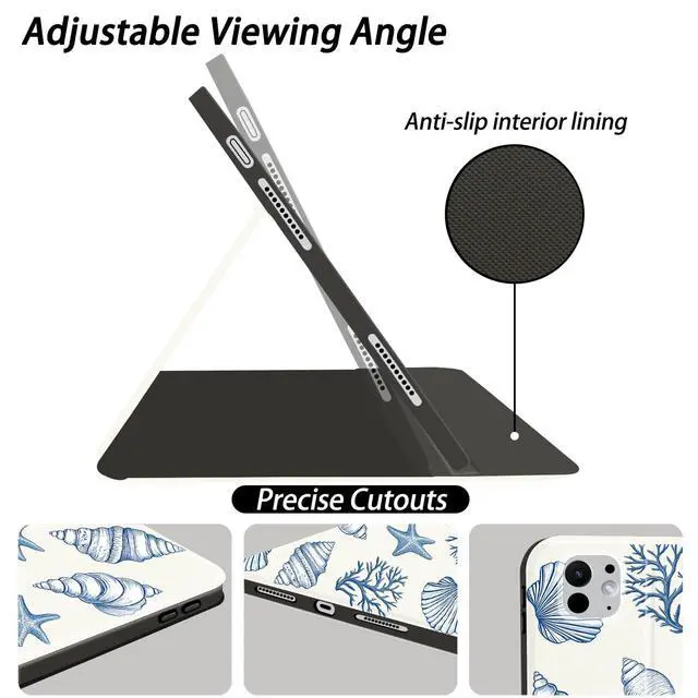 Alt view image 3 of 5 - AdorableWhimsy Ocean Seashell Case for iPad 10th Generation 2022 10.9"/iPad (A16) 11th Generation 2025 11" with Pencil Holder Folio Girly White Leather Cover Multi-Angle Viewing Stand Case