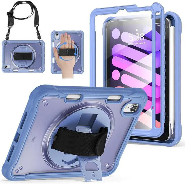 Main image of BRAECNstock Case for iPad Mini 7 (A17 pro) 2024/ Mini 6 8.3", Shockproof Protective Cover with Pencil Holder, Screen Protector, 360° Rotating Hand Strap/Stand for iPad mini 7th/ 6th Gen, Lavender Grey