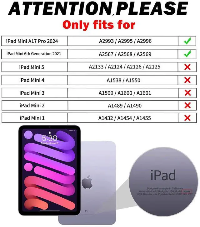 Alt view image 2 of 5 - BRAECNstock Case for iPad Mini 7 (A17 pro) 2024/ Mini 6 8.3", Shockproof Protective Cover with Pencil Holder, Screen Protector, 360° Rotating Hand Strap/Stand for iPad mini 7th/ 6th Gen, Lavender Grey