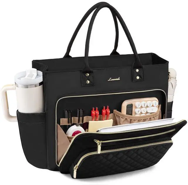 Main image of LOVEVOOK Teacher Tote Bag for Women Work, Laptop Bag Work Tote Bag Nurse Bags With Large Cup Holder, Professional Computer Briefcase Business Large Purses Handbag, Diaper Bag Mother Gift, Black