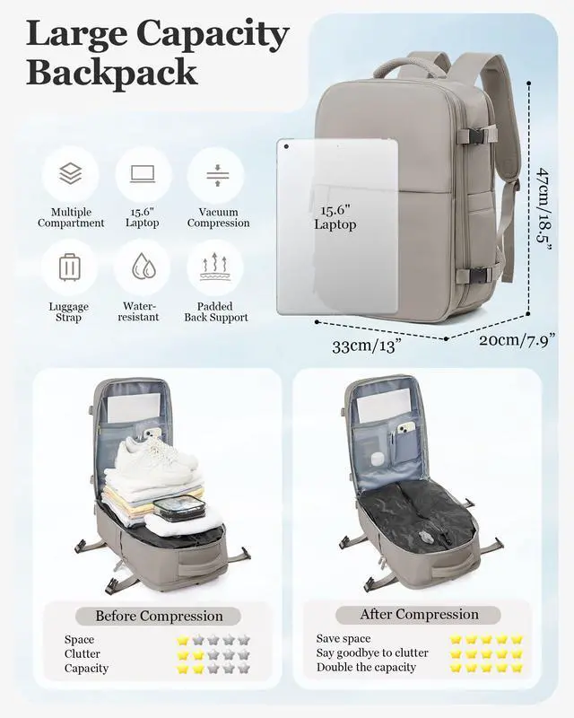 Alt view image 2 of 5 - Large Vacuum Travel Backpack Air Vacpack Vacuum Compression Seal Bags with Pump Flight Approved Carry on Luggage Personal item Travel Bag Laptop Backpack with Shoe Compartment Grey Brown