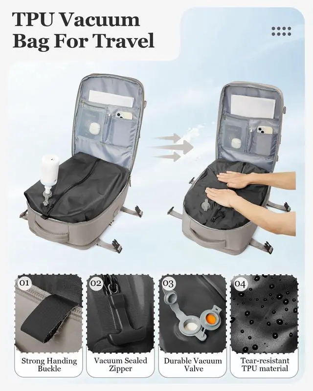 Alt view image 3 of 5 - Large Vacuum Travel Backpack Air Vacpack Vacuum Compression Seal Bags with Pump Flight Approved Carry on Luggage Personal item Travel Bag Laptop Backpack with Shoe Compartment Grey Brown