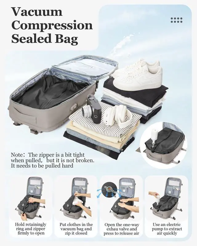 Alt view image 5 of 5 - Large Vacuum Travel Backpack Air Vacpack Vacuum Compression Seal Bags with Pump Flight Approved Carry on Luggage Personal item Travel Bag Laptop Backpack with Shoe Compartment Grey Brown