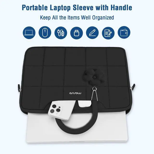Alt view image 5 of 5 - MOSISO 15-16 inch Laptop Case, 15.6 inch Puffy Laptop Sleeve Compatible with MacBook Pro 16 M4 M3 M2 M1, HP Acer Dell Lenovo Notebook, Rectangle Quilted Computer Bag with Handle&Flower Pendant, Black