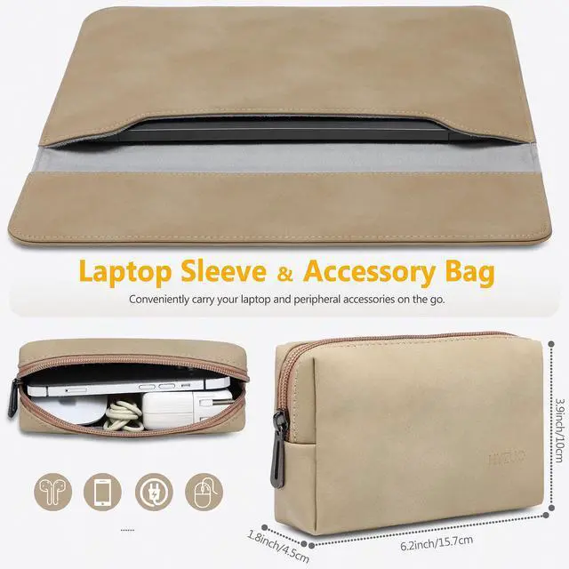 Alt view image 2 of 5 - HYZUO 15-16 Inch Laptop Sleeve Bag for MacBook Pro 16 M4/M3/M2/M1 A3403 A3186 2025-2019, MacBook Pro 15 2015-2012, XPS 15, Faux Suede Leather Case with Accessory Bag, Khaki-H