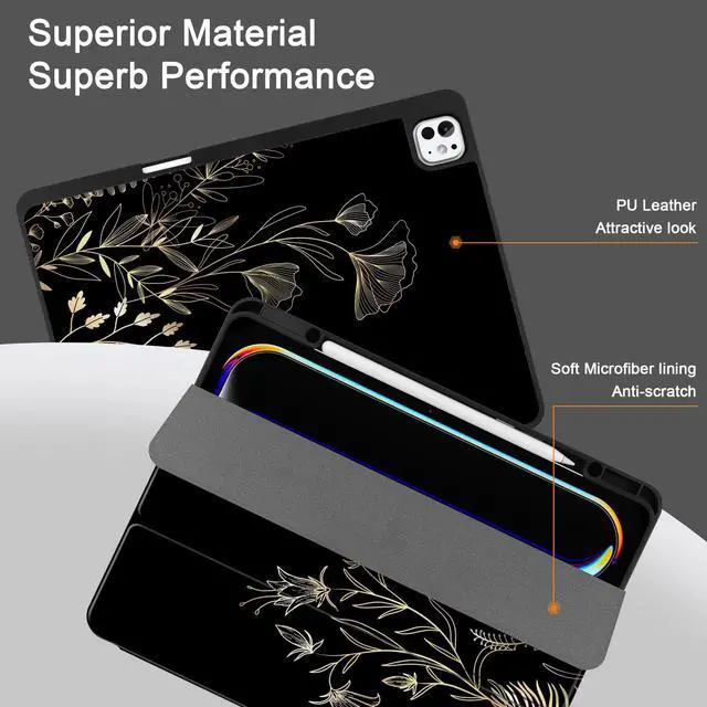 Alt view image 4 of 5 - DONGKE Case for iPad Pro 13 inch (M5 2025 / M4 2024)  [Built-in Pencil Holder] Ultra Slim PU Leather Trifold Stand Cover with Soft TPU Back, Auto Wake/Sleep - Floral Blooming