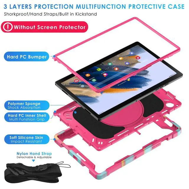 Alt view image 3 of 5 - DETUOSI Case for Samsung Galaxy Tab A8 10.5 inch 2022, Galaxy Tab A8 Shockproof Case with 360°Rotatable Stand & Shoulder Strap, Heavy Duty Case for SM-X200/X205/X207, Camouflage Rose Red