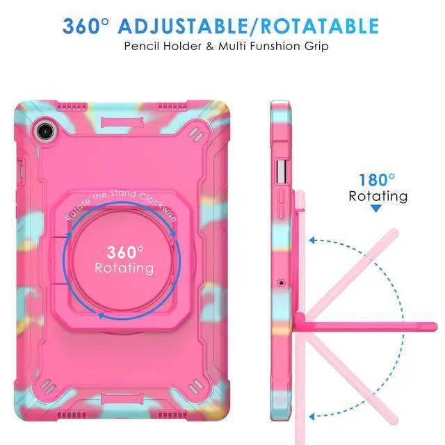 Alt view image 4 of 5 - DETUOSI Case for Samsung Galaxy Tab A8 10.5 inch 2022, Galaxy Tab A8 Shockproof Case with 360°Rotatable Stand & Shoulder Strap, Heavy Duty Case for SM-X200/X205/X207, Camouflage Rose Red