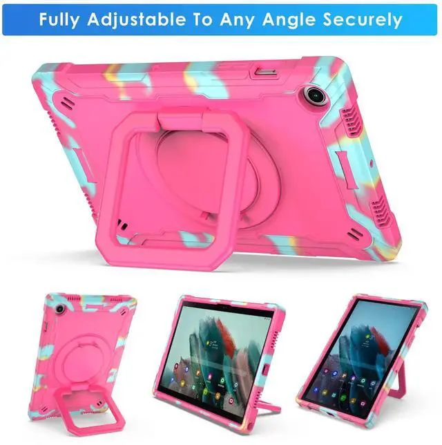 Alt view image 5 of 5 - DETUOSI Case for Samsung Galaxy Tab A8 10.5 inch 2022, Galaxy Tab A8 Shockproof Case with 360°Rotatable Stand & Shoulder Strap, Heavy Duty Case for SM-X200/X205/X207, Camouflage Rose Red