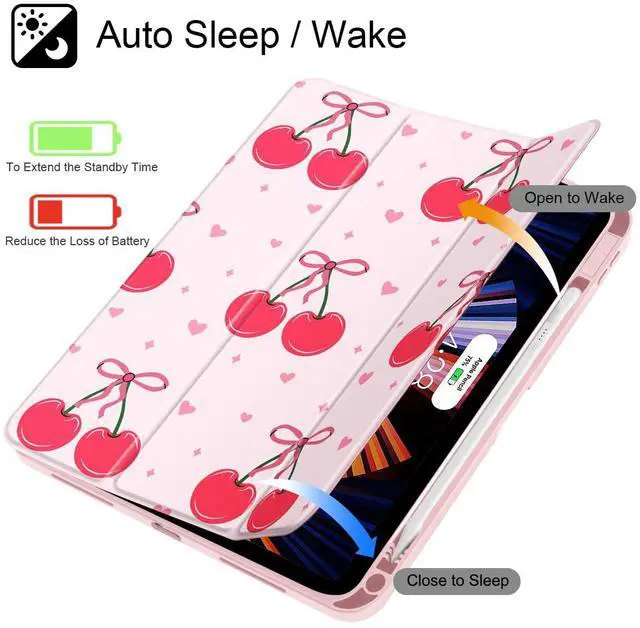 Alt view image 3 of 5 - May Chen for iPad (A16) 11th Generation Case 11 Inch 2025, iPad 10th Gen Case 2022 10.9 inch, Built-in Pencil Holder with Shockproof Cover Clear Back Shell Auto Wake/Sleep, Pink Cherries and Bows