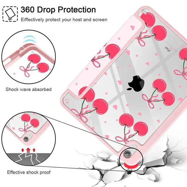 Alt view image 5 of 5 - May Chen for iPad (A16) 11th Generation Case 11 Inch 2025, iPad 10th Gen Case 2022 10.9 inch, Built-in Pencil Holder with Shockproof Cover Clear Back Shell Auto Wake/Sleep, Pink Cherries and Bows