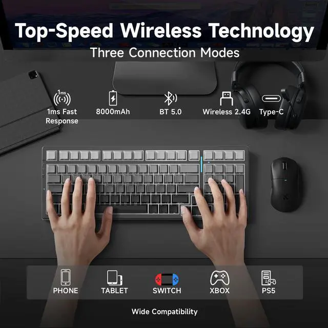 Alt view image 2 of 5 - MCHOSE G98 PRO Wireless Mechanical Keyboard, Tri-Mode Connection Gaming Keyboard, Hot Swappable Custom Gasket Structure Pre-lubed Linear Switches Double Shot PBT Keycaps RGB LED Backlit Gradient Black