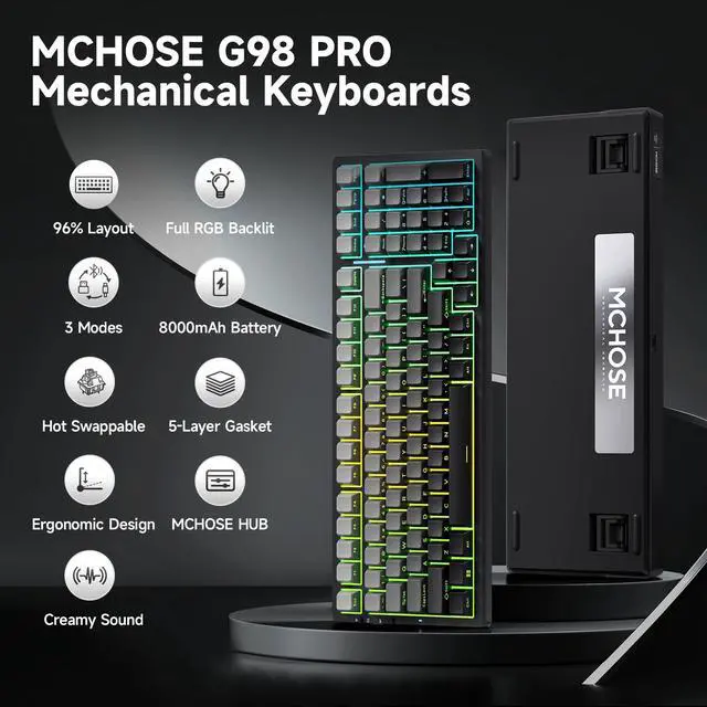 Alt view image 3 of 5 - MCHOSE G98 PRO Wireless Mechanical Keyboard, Tri-Mode Connection Gaming Keyboard, Hot Swappable Custom Gasket Structure Pre-lubed Linear Switches Double Shot PBT Keycaps RGB LED Backlit Gradient Black
