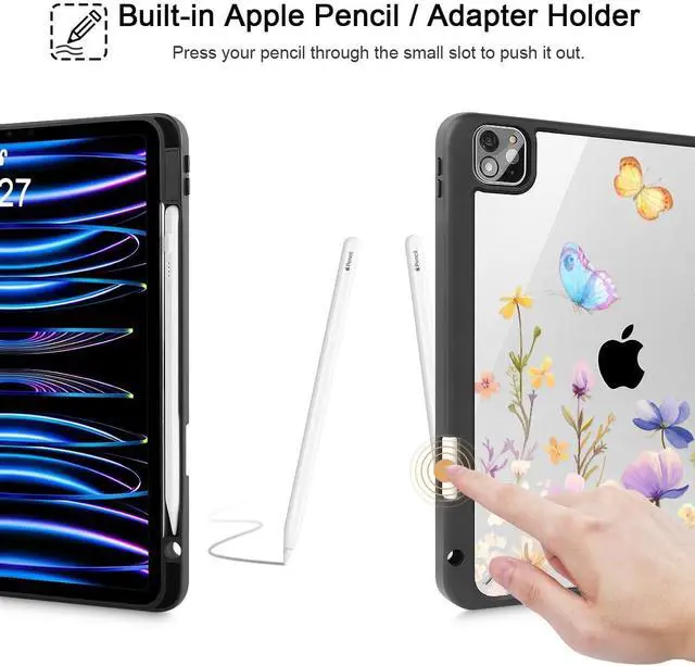Alt view image 5 of 5 - Tuiklol Case for iPad Pro 12.9 Inch M2 Case 2022 2021 2020 2018 Generation 6th/5th/4th/3rd,Built-in Pencil 2nd Holder Clear Transparent Protective Back Shell Cover,Purple Flower