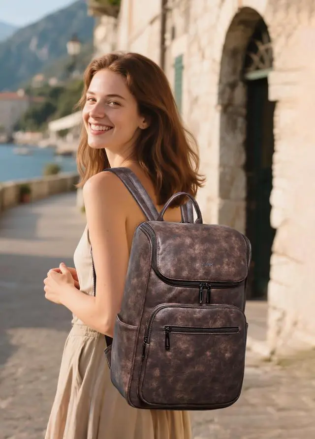 Alt view image 2 of 5 - tiamyi Computer Leather Backpack for Women Travel Back pack with 15.6 inch Laptop Compartment, Vintage Ladies Backpack, Coffee