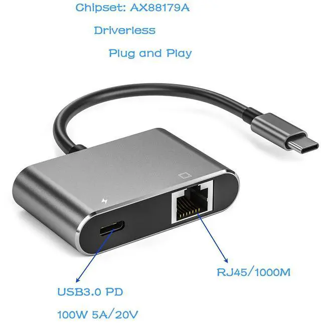 Alt view image 3 of 5 - ULANSeN USB C to RJ45 LAN Ethernet Gigabit Network Adapter with Chippset AX88179 with 100W PD Charging for Windows/iOS/iPadOS/macOS/Linux