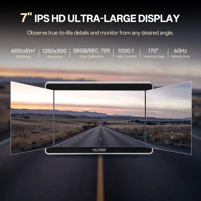 Alt view image 2 of 5 - VILTROX DC-L2 7" Camera Field Monitor Touch Screen with HD 1280x800 IPS 4K HDMI & 3G-SDI Loop in/Out, 3D LUTs Peak Focus Assist Waveform, 170° Super Wide View Angle, Battery & Sunshade Hood