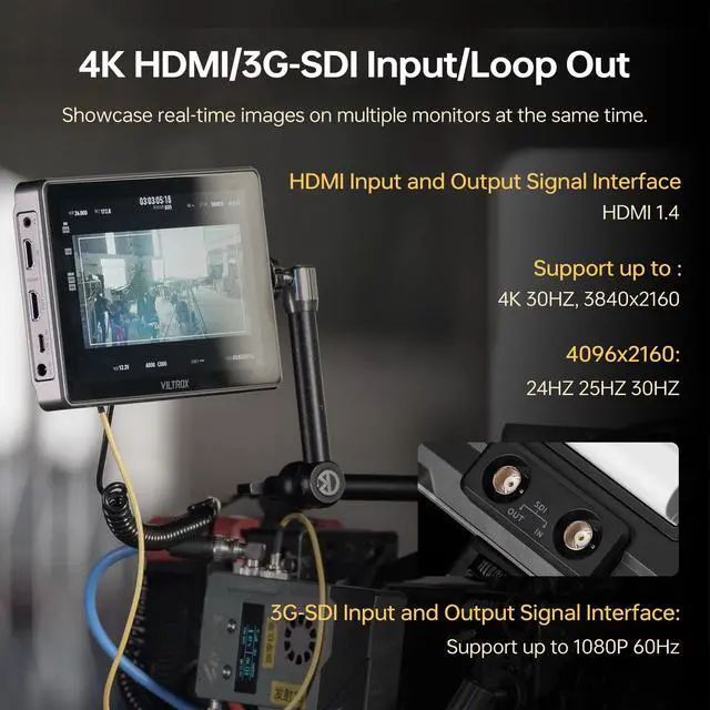 Alt view image 3 of 5 - VILTROX DC-L2 7" Camera Field Monitor Touch Screen with HD 1280x800 IPS 4K HDMI & 3G-SDI Loop in/Out, 3D LUTs Peak Focus Assist Waveform, 170° Super Wide View Angle, Battery & Sunshade Hood