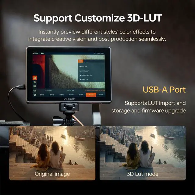 Alt view image 4 of 5 - VILTROX DC-L2 7" Camera Field Monitor Touch Screen with HD 1280x800 IPS 4K HDMI & 3G-SDI Loop in/Out, 3D LUTs Peak Focus Assist Waveform, 170° Super Wide View Angle, Battery & Sunshade Hood