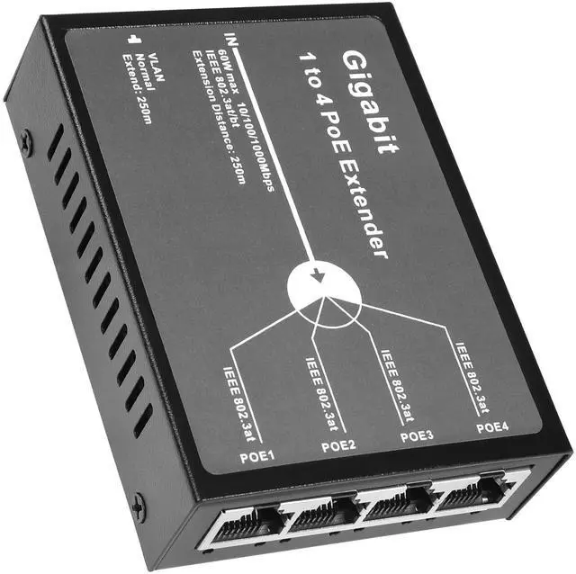 Main image of REVODATA Gigabit 4 Port 60W PoE Extender, 10/100/1000Mbps 1 in 4 Out PoE+ Repeater with 3 Mode Available, 60W 802.3BT Input, 802.3at Output 30W, 100m/250m PoE Extension for PoE Device (POE5004G-V2)