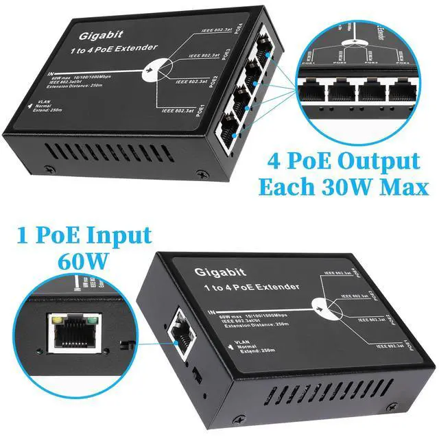 Alt view image 2 of 5 - REVODATA Gigabit 4 Port 60W PoE Extender, 10/100/1000Mbps 1 in 4 Out PoE+ Repeater with 3 Mode Available, 60W 802.3BT Input, 802.3at Output 30W, 100m/250m PoE Extension for PoE Device (POE5004G-V2)