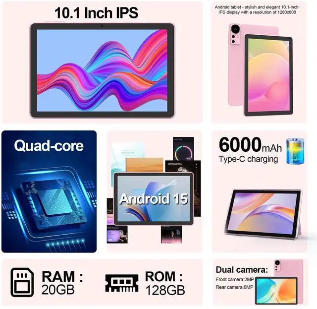 Alt view image 2 of 5 - ICONLINK 10 Inch Tablet Android 15 Tablets with Case 4+16GB RAM+128GB ROM, 6000mah Battery 10 in Android Tableta, 2MP+8MP Dual Camera 10.1'' IPS HD Touch Screen Tab. (Pink)