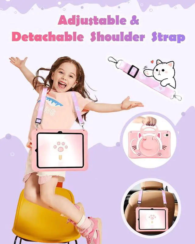 Alt view image 3 of 5 - Wazzasoft for Samsung Galaxy Tab S9 Case 11 Inch - Cute Cartoon Kawaii Cat Kitten Girls Girly 3D Soft Silicone Tablet Cover with Rotating Stand & Strap Funda for Galaxy Tab S9 Case