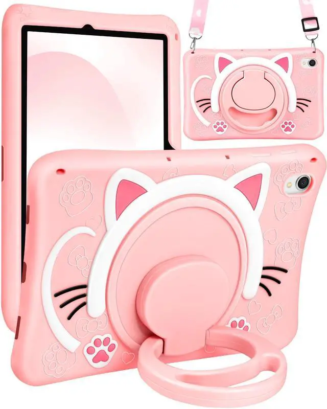 Main image of Wazzasoft for Samsung Galaxy Tab S9 Case 11 Inch - Cute Cartoon Kawaii Cat Kitten Girls Girly 3D Soft Silicone Tablet Cover with Rotating Stand & Strap Funda for Galaxy Tab S9 Case