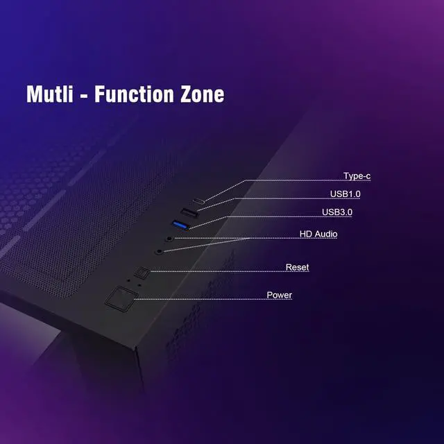 Alt view image 3 of 5 - RUIX OV303 ATX Mid-Tower PC Case, Pre-Installed 4 x 120mm Prism ARGB PWM Fans, USB 3.0 & Type-C Ports, High-Airflow Gaming Computer Case - Black