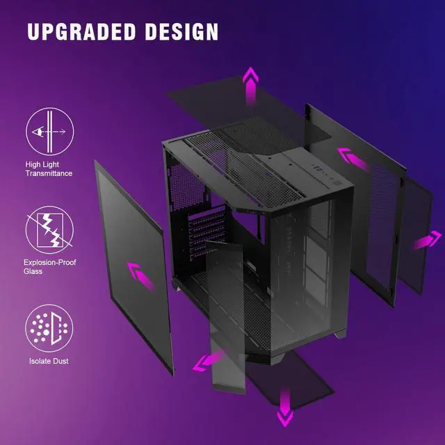 Alt view image 5 of 5 - RUIX OV303 ATX Mid-Tower PC Case, Pre-Installed 4 x 120mm Prism ARGB PWM Fans, USB 3.0 & Type-C Ports, High-Airflow Gaming Computer Case - Black