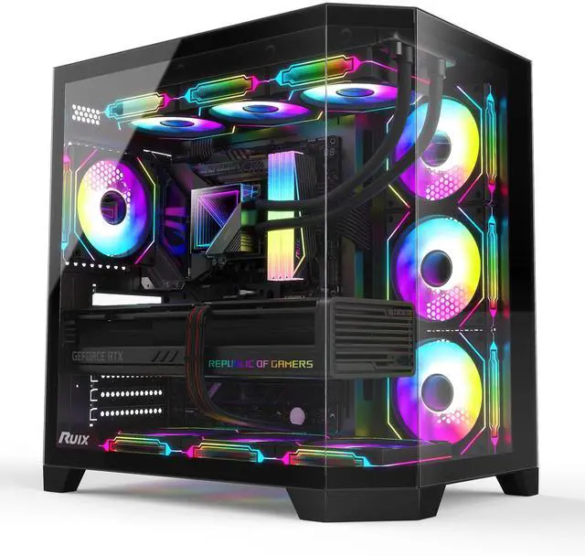 Main image of RUIX OV303 ATX Mid-Tower PC Case, Pre-Installed 4 x 120mm Prism ARGB PWM Fans, USB 3.0 & Type-C Ports, High-Airflow Gaming Computer Case - Black