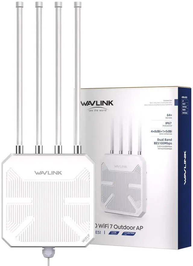Main image of WAVLINK WiFi 7 BE5100 Outdoor WiFi Extender, Dual Band Long-Range Outdoor WiFi Repeater|Access Point|Mesh Router, POE Powered | IP67 Waterproof | 4 x 8dBi Antennas, 2.5 Gbps Ethernet, Up to 2800 sq.ft