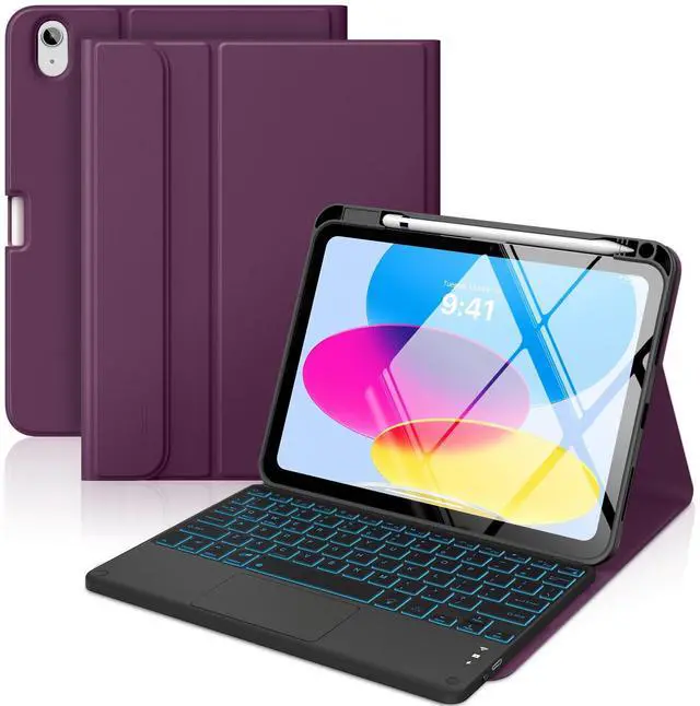 Main image of MoKo Touch Keyboard Case for iPad (A16) 11th Generation 11 inch 2025, iPad 10th Generation 10.9 inch Case with Pencil Holder, 7 Colors Backlit Multi-TrackPad Detachable Bluetooth Keyboard, Dark Purple