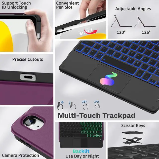 Alt view image 3 of 5 - MoKo Touch Keyboard Case for iPad (A16) 11th Generation 11 inch 2025, iPad 10th Generation 10.9 inch Case with Pencil Holder, 7 Colors Backlit Multi-TrackPad Detachable Bluetooth Keyboard, Dark Purple