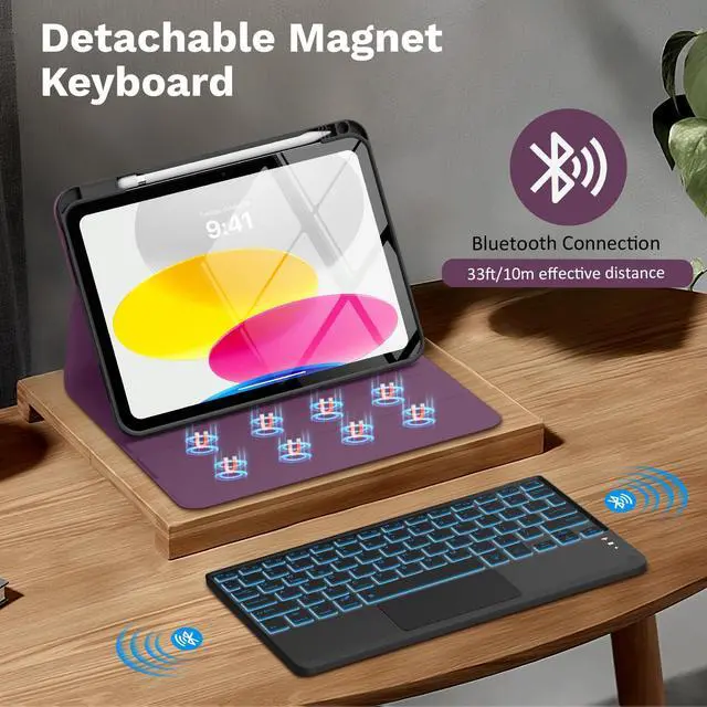 Alt view image 4 of 5 - MoKo Touch Keyboard Case for iPad (A16) 11th Generation 11 inch 2025, iPad 10th Generation 10.9 inch Case with Pencil Holder, 7 Colors Backlit Multi-TrackPad Detachable Bluetooth Keyboard, Dark Purple