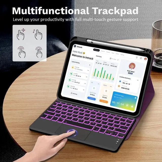 Alt view image 5 of 5 - MoKo Touch Keyboard Case for iPad (A16) 11th Generation 11 inch 2025, iPad 10th Generation 10.9 inch Case with Pencil Holder, 7 Colors Backlit Multi-TrackPad Detachable Bluetooth Keyboard, Dark Purple