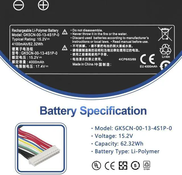 Alt view image 2 of 5 - GK5CN-00-13-4S1P-0 62.32Wh Laptop Battery Replacement for Medion Erazer X6805 Maingear Vector 15 Schenker XMG Neo 15 Core 17 Comet Lake Getac Tongfang GK5CN5Z GK5CN6Z GK5CQ7Z GK6Z5CN GK7CN6S 15.2V