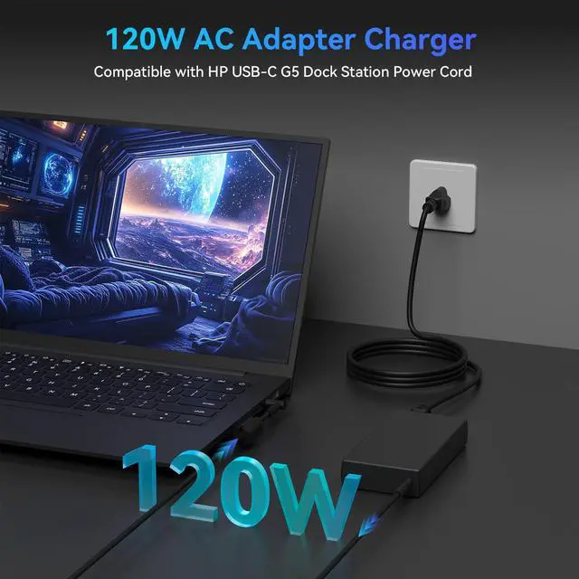 Alt view image 2 of 5 - Ruilezyo 120W Power Adapter Compatible with HP Docking Station Power Cord USB-C Dock G5 USB-C/A Universal Dock G2 5TW13AA Envy 15 17 Series Omen 15-5000 5100 5200 710415-001 L41856-001 Laptop Charger
