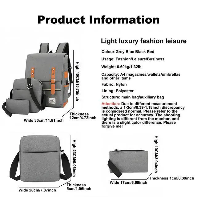 Alt view image 2 of 5 - ZEILING Three piece backpack with large capacity simple business computer bag USB charging, travel backpack,grey