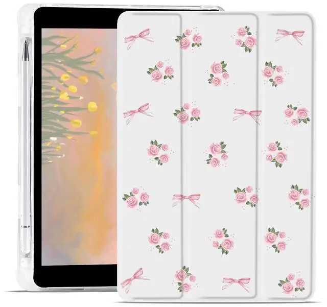 Main image of JOYLAND Cute Flower Bowknot Case for iPad 5th/6th Generation (2017/2018) 9.7 Inch with Pencil Holder Aesthetic Floral White Girly Cover Auto Wake/Sleep Foldable Shockproof Case