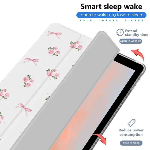 Alt view image 3 of 5 - JOYLAND Cute Flower Bowknot Case for iPad 5th/6th Generation (2017/2018) 9.7 Inch with Pencil Holder Aesthetic Floral White Girly Cover Auto Wake/Sleep Foldable Shockproof Case