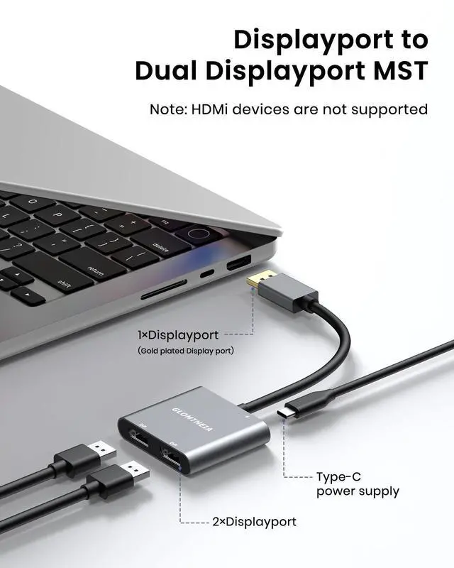 Alt view image 2 of 5 - Glomtheia DisplayPort to Dual DisplayPort Splitter Adapter, 4K 60Hz MST Hub for Dual Monitor Setup, 1 in 2 Out DP Splitter for Extended/Mirrored Modes