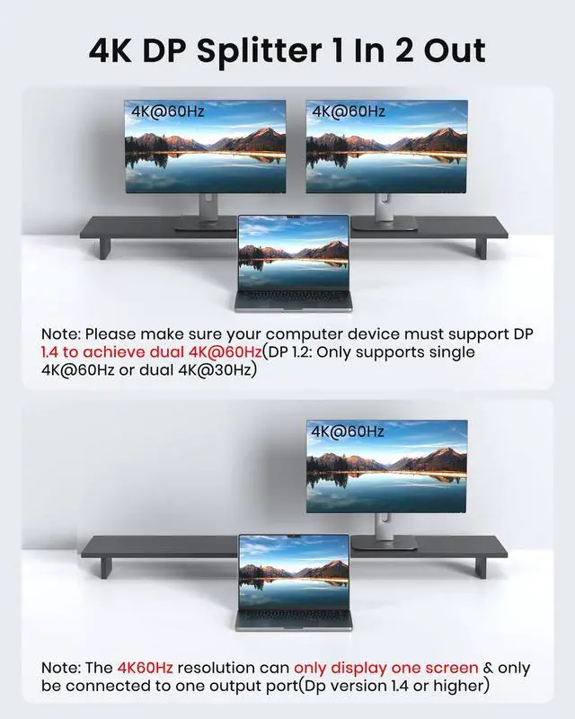 Alt view image 4 of 5 - Glomtheia DisplayPort to Dual DisplayPort Splitter Adapter, 4K 60Hz MST Hub for Dual Monitor Setup, 1 in 2 Out DP Splitter for Extended/Mirrored Modes
