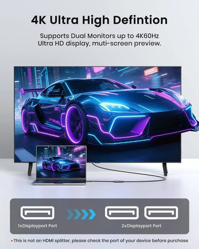 Alt view image 5 of 5 - Glomtheia DisplayPort to Dual DisplayPort Splitter Adapter, 4K 60Hz MST Hub for Dual Monitor Setup, 1 in 2 Out DP Splitter for Extended/Mirrored Modes