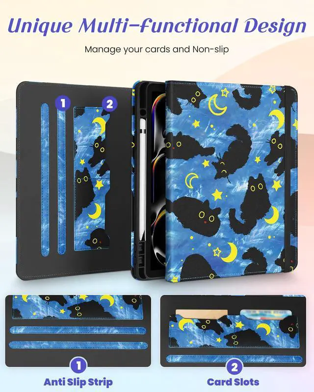 Alt view image 3 of 5 - Kidcube for iPad Pro 13 Inch Case M4 2024 - Women Girls Cute Rotating Stand Folio Cover with Pencil Holder & Card Slot Girly Cat Stars Blue Design for iPad Pro 13 Inch Case 2024 (A2925 A2926 A3007)
