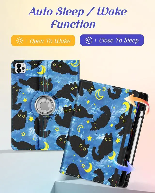 Alt view image 4 of 5 - Kidcube for iPad Pro 13 Inch Case M4 2024 - Women Girls Cute Rotating Stand Folio Cover with Pencil Holder & Card Slot Girly Cat Stars Blue Design for iPad Pro 13 Inch Case 2024 (A2925 A2926 A3007)