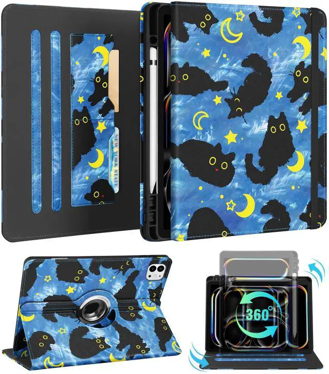 Main image of Kidcube for iPad Pro 13 Inch Case M4 2024 - Women Girls Cute Rotating Stand Folio Cover with Pencil Holder & Card Slot Girly Cat Stars Blue Design for iPad Pro 13 Inch Case 2024 (A2925 A2926 A3007)